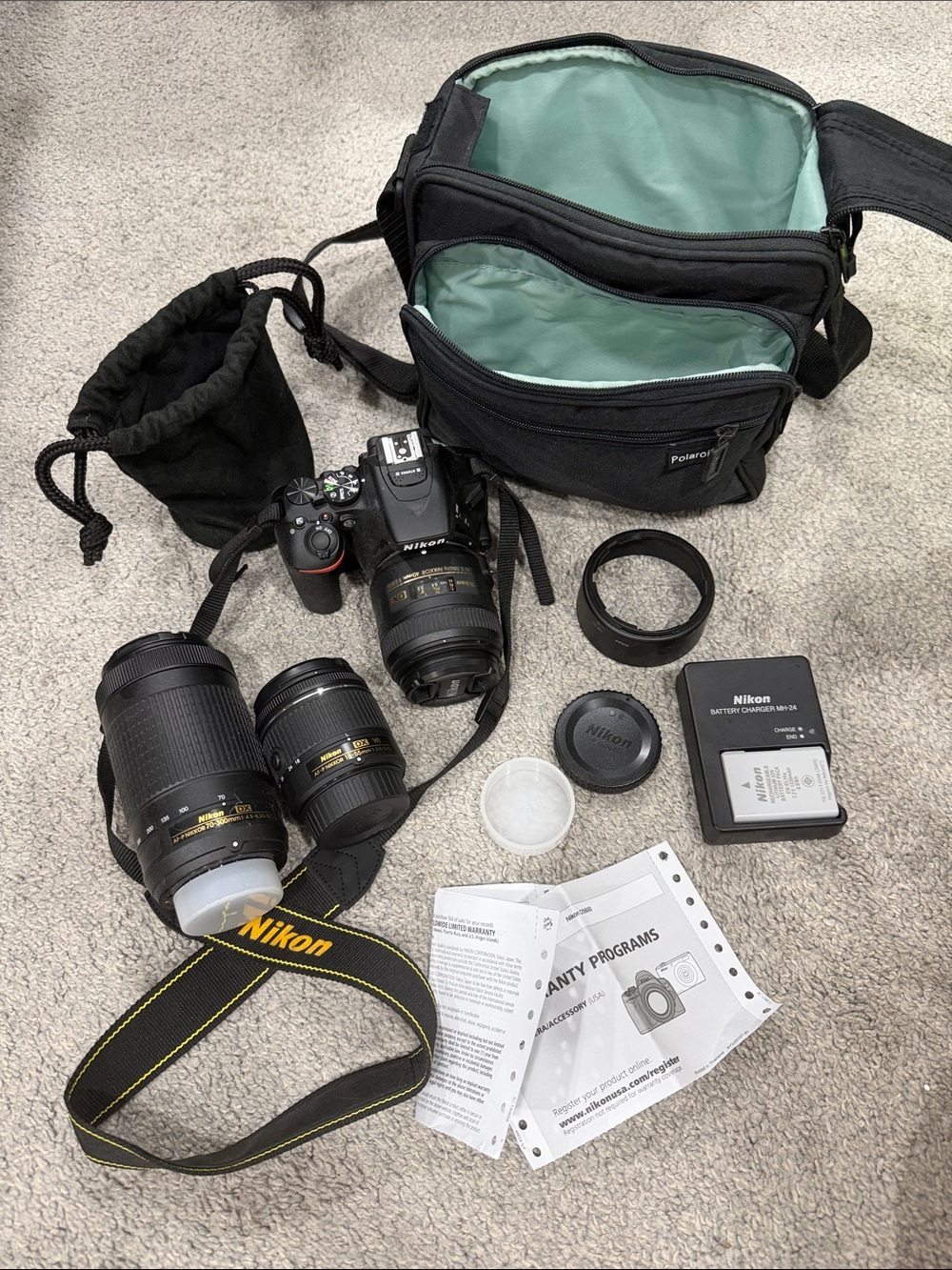 Nikon Black DSLR D5600 Camera Kit with Lenses Black/Green Camera Bag